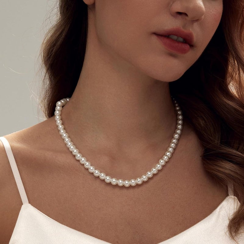 Zeffy Pearl Necklace 8MM Dainty Round Imitation Pearl Choker Necklace Wedding Pearl Necklace Delicate Jewelry for Women Simple Bridesmaid Jewelry Gifts - Image 3